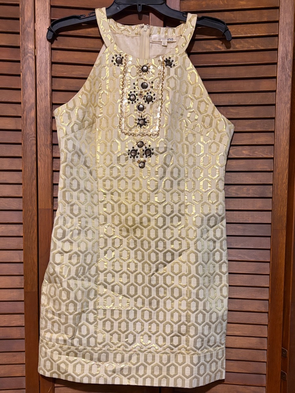 Embellished Gold-Pattern Halter Dress